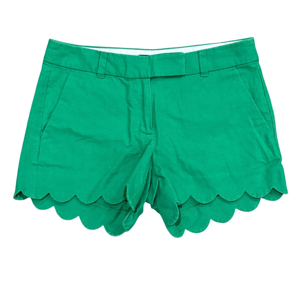 J.Crew Green Scalloped Hem Shorts Size 2 Cotton Linen Blend Kelly Green Summer